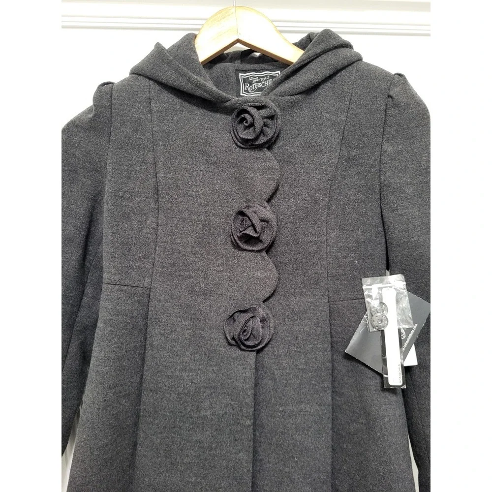New Rothschild Gray Hooded Faux Wool Rosette Pleated Dress Coat Girls 10/12